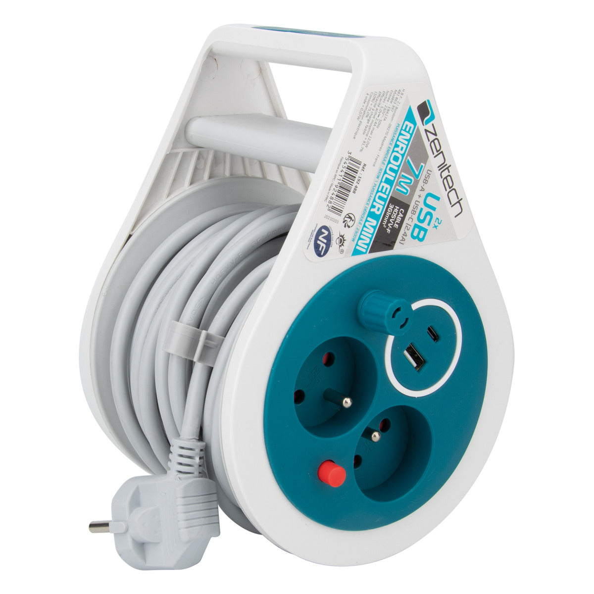 Mini enrouleur design 2 prises + 2 USB 7 mètres - Zenitech