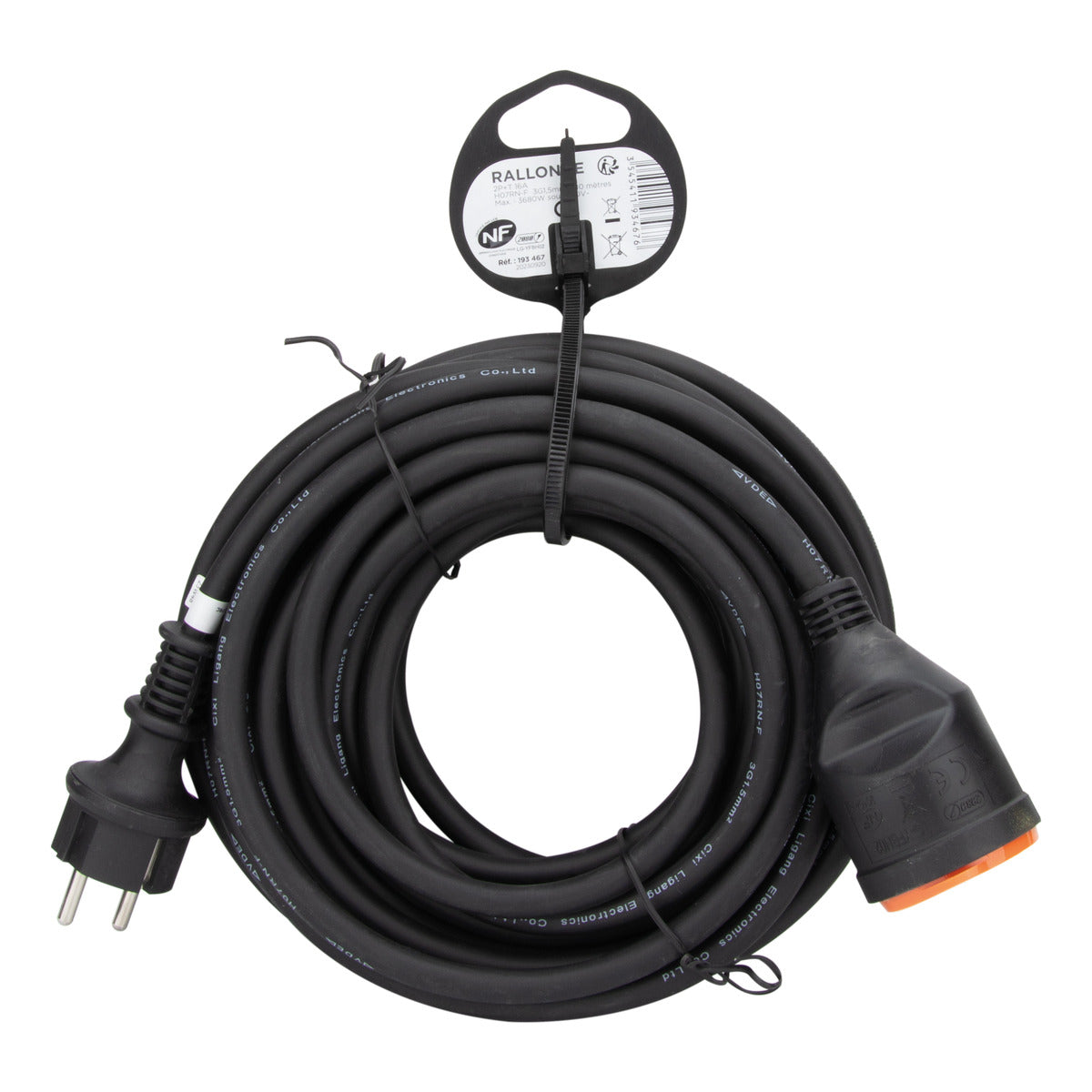 Rallonge étanche 2P+T H07RN-F 3x 1,5mm² + fixation - orange - Zenitech