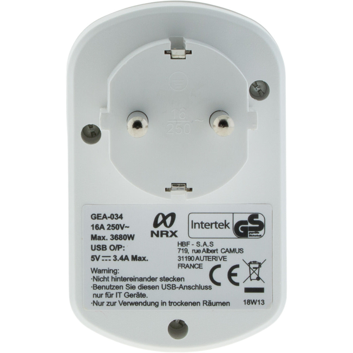 Prise Schuko 16A + 2 USB A 3,4A - Blanc - Zenitech