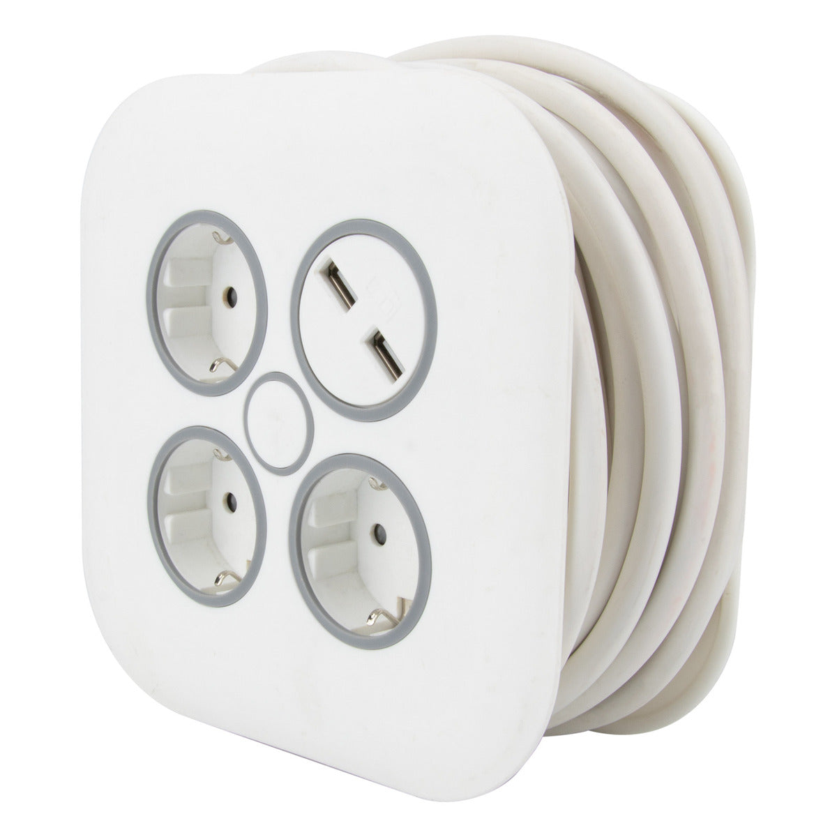 Enrouleur domestique 3 prises Schuko + 2 USB 2,4A 7m - Blanc - Zenitech