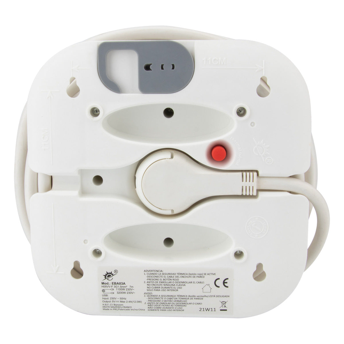 Enrouleur domestique 3 prises Schuko + 2 USB 2,4A 7m - Blanc - Zenitech