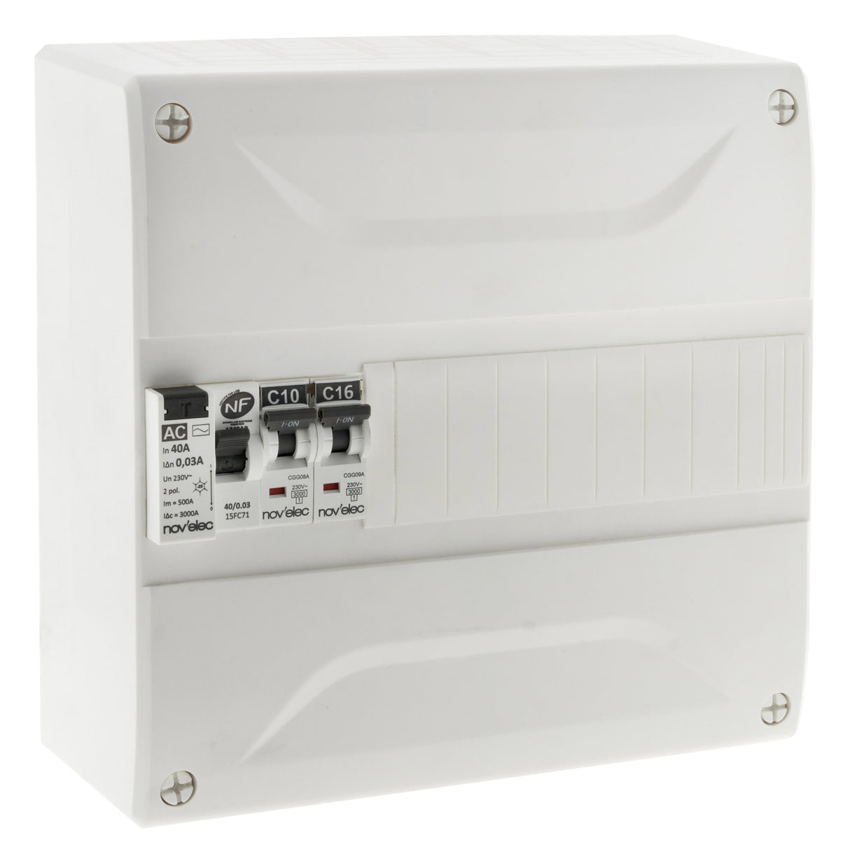 Coffret électrique pré-équipé 13 modules + 1 disjoncteur 10A + 1 disjoncteur 16A + 1 différentiel 40A AC 30mA - Novelec