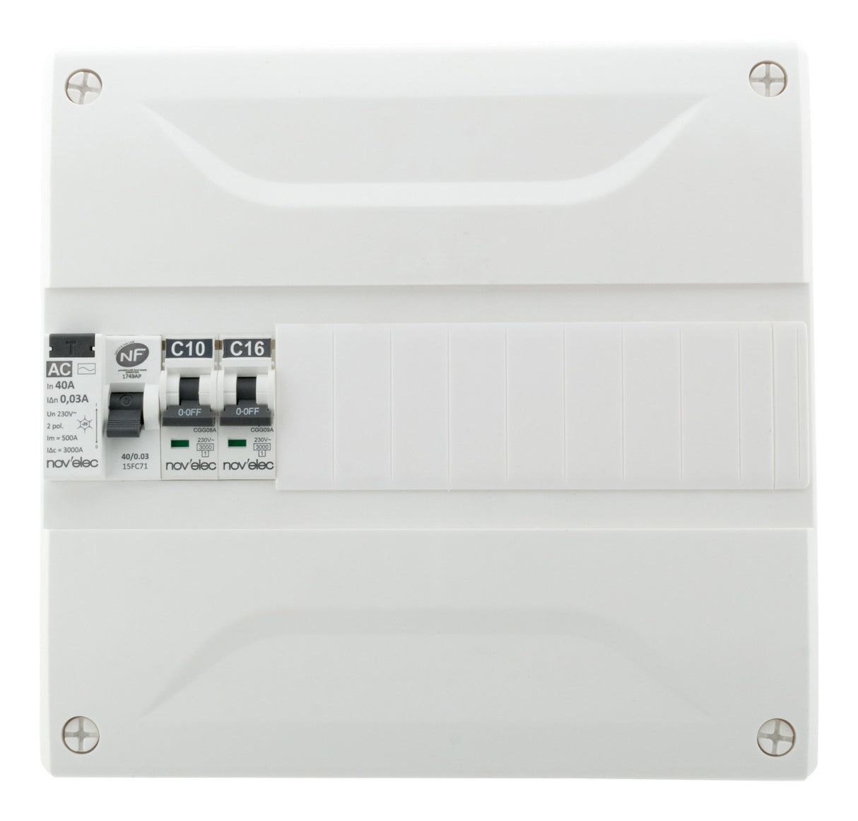 Coffret électrique pré-équipé 13 modules + 1 disjoncteur 10A + 1 disjoncteur 16A + 1 différentiel 40A AC 30mA - Novelec