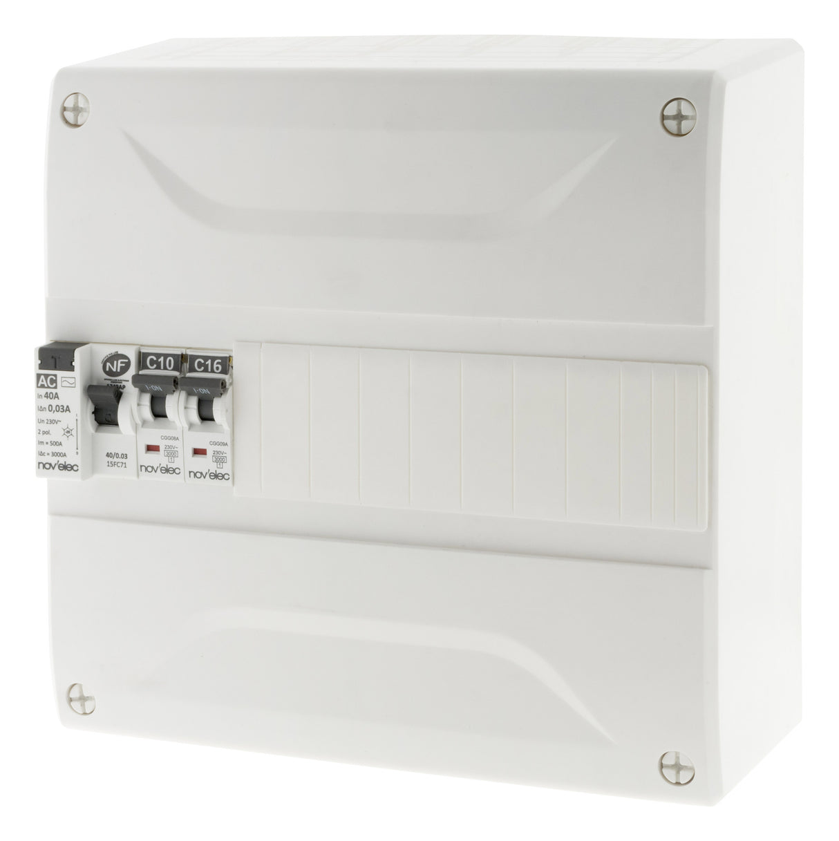 Coffret électrique pré-équipé 13 modules + 1 disjoncteur 10A + 1 disjoncteur 16A + 1 différentiel 40A AC 30mA - Novelec