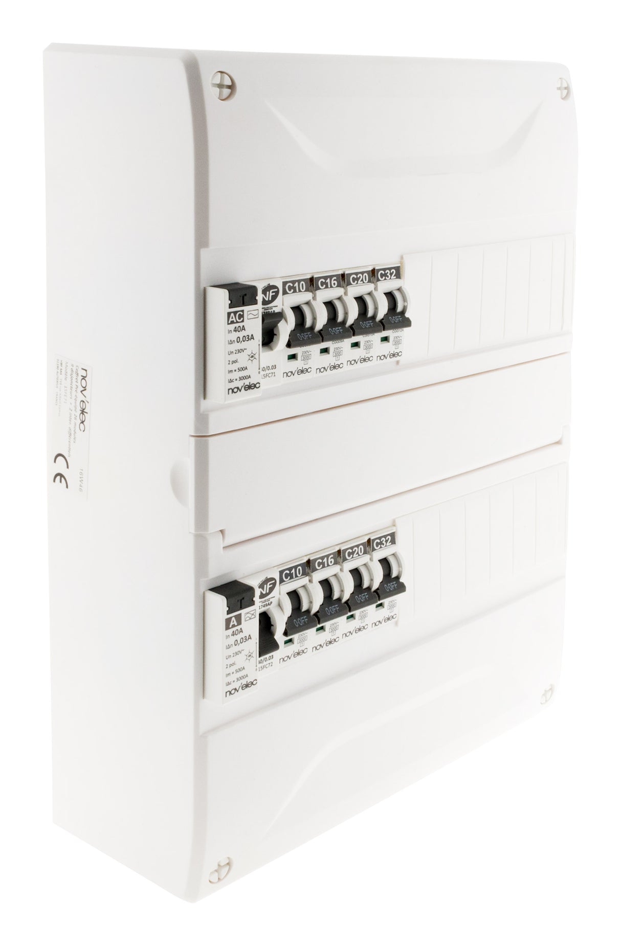 Coffret électrique pré-équipé 26 modules 2 rangées - 2x10A + 2x16A + 3x20A + 1x32A + 2 ID 40A - Novelec