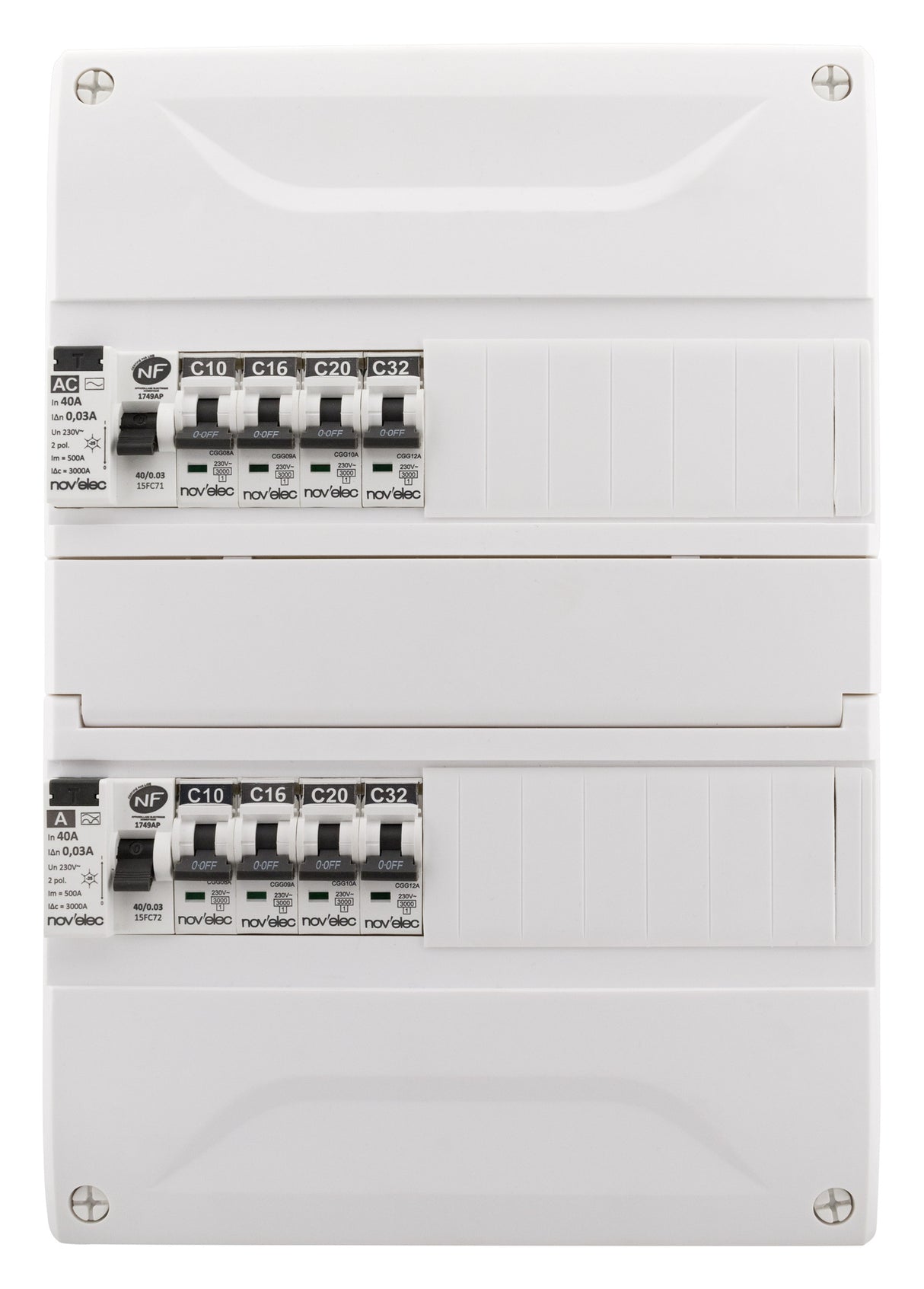 Coffret électrique pré-équipé 26 modules 2 rangées - 2x10A + 2x16A + 3x20A + 1x32A + 2 ID 40A - Novelec