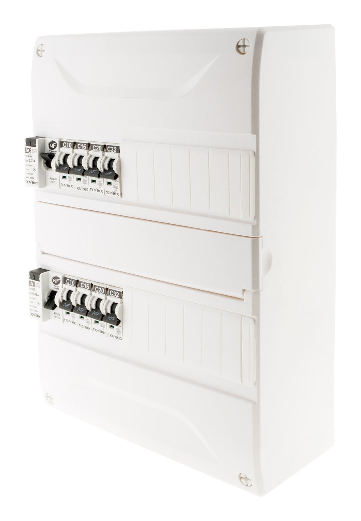 Coffret électrique pré-équipé 26 modules 2 rangées - 2x10A + 2x16A + 3x20A + 1x32A + 2 ID 40A - Novelec
