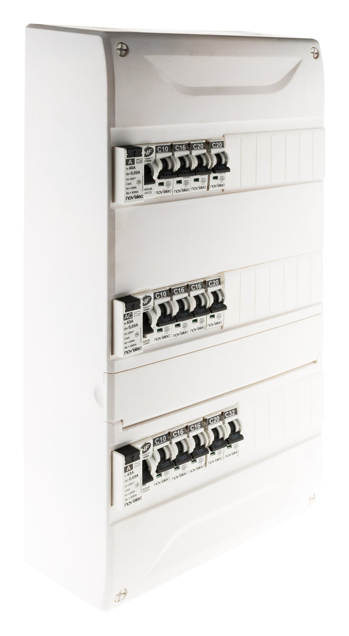 Coffret électrique pré-équipé 39 modules 3 rangées 3x10A + 5x16A + 4x20A + 1x32A + ID 40A/63A - Novelec