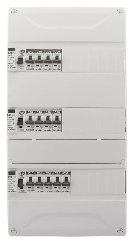 Coffret électrique pré-équipé 39 modules 3 rangées 3x10A + 5x16A + 4x20A + 1x32A + ID 40A/63A - Novelec
