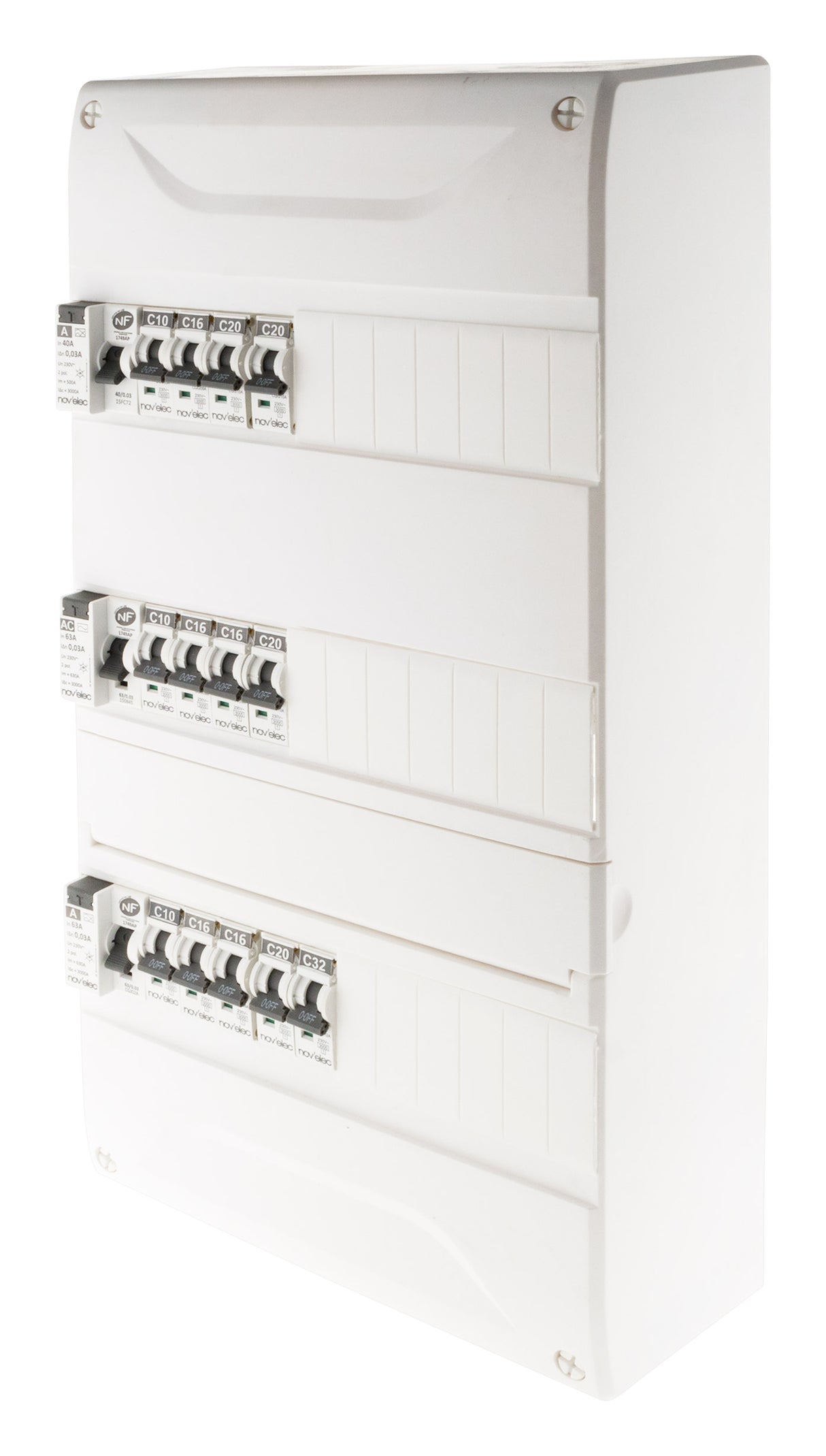 Coffret électrique pré-équipé 39 modules 3 rangées 3x10A + 5x16A + 4x20A + 1x32A + ID 40A/63A - Novelec