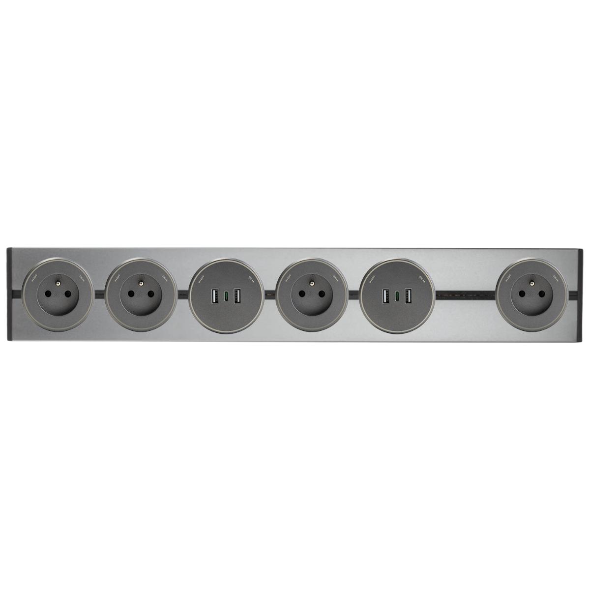 Rail électrique seul en saillie jusqu'à 7 prises + USB - argent - Orium