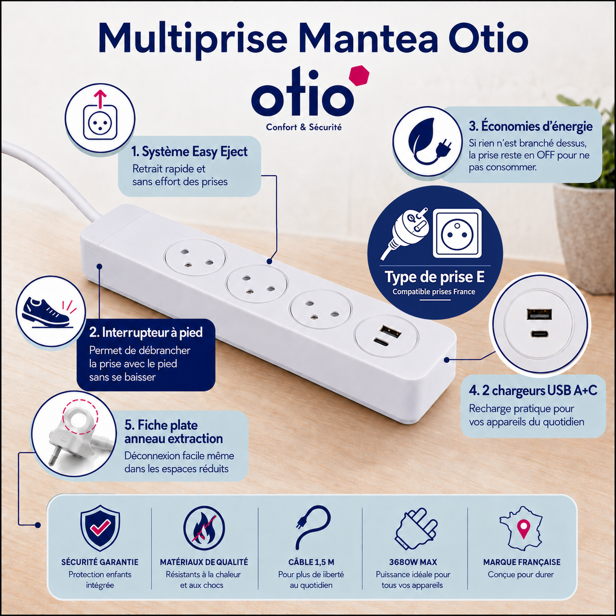 Multiprise 3/5 prises 16A 2P+T + 2USB - Easy Eject - Mantéa Otio
