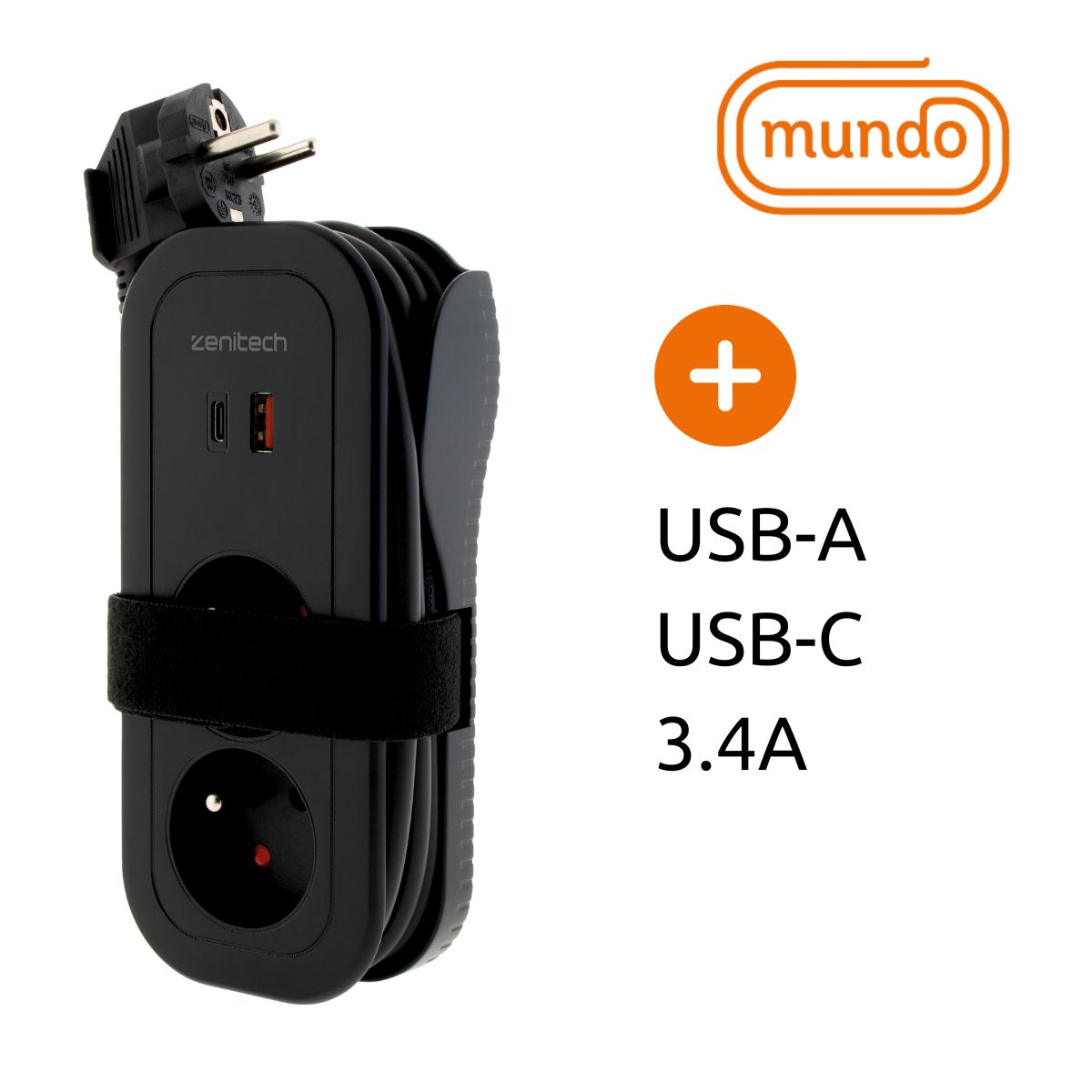 Bloc multiprise nomade Mundo de Zenitech - 4 prises dont 2 USB - noir - Zenitech