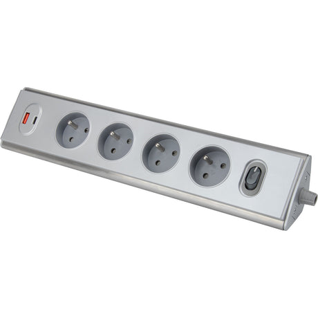 Bloc multiprise d'angle 4x16A + 2 USB A + C 20W + interrupteur - Inox - Otio