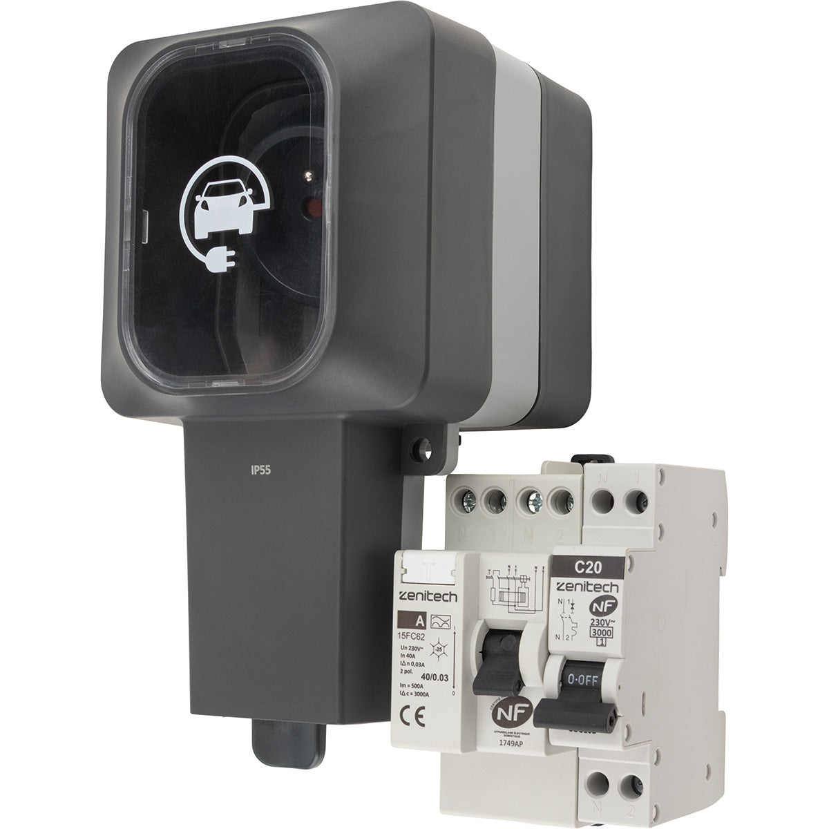 Prise renforcée Easy Charge 3,6 kW IP55 + interrupteur différentiel + disjoncteur - Protec