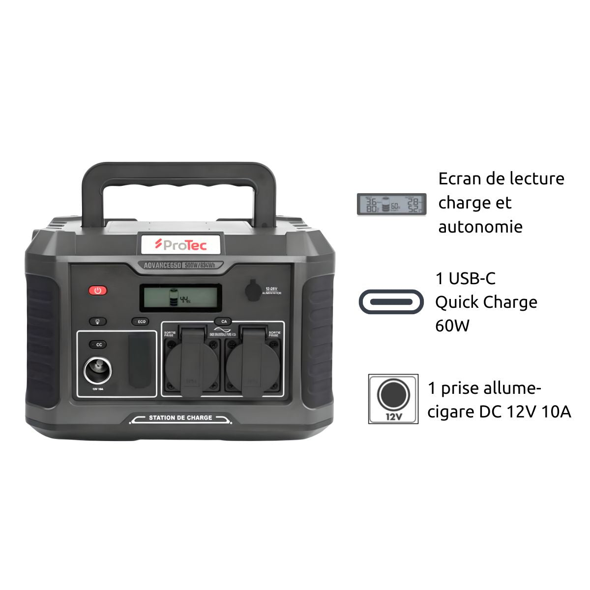 Station d'énergie portable Advance 650 - Générateur électrique - 634Wh/600W - Sortie AC - Noir - Protec