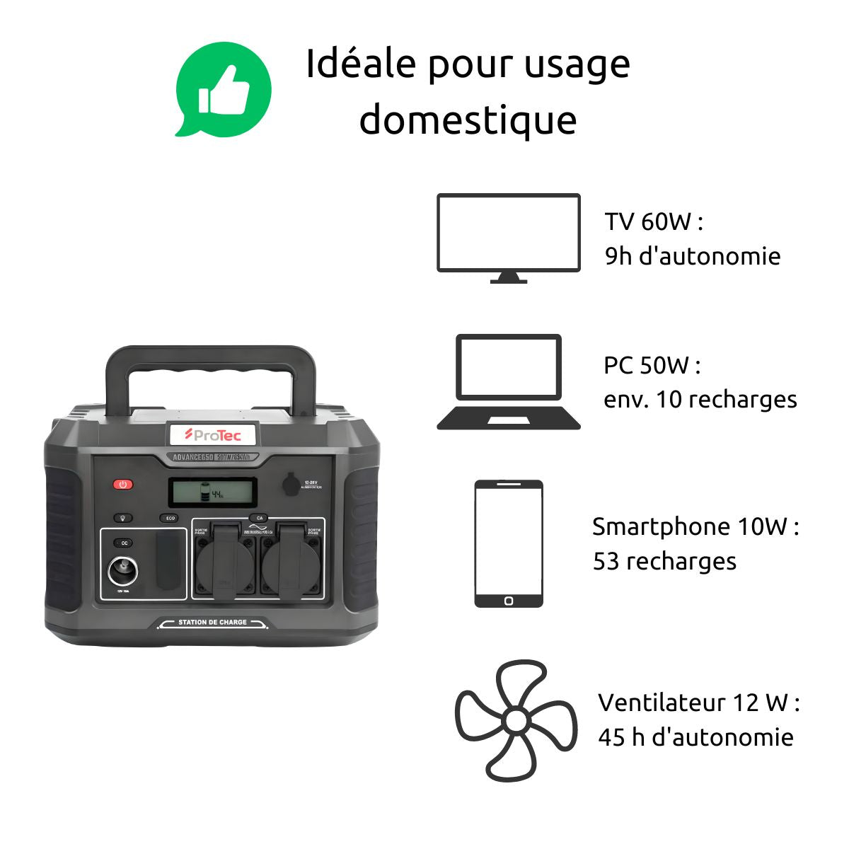 Station d'énergie portable Advance 650 - Générateur électrique - 634Wh/600W - Sortie AC - Noir - Protec