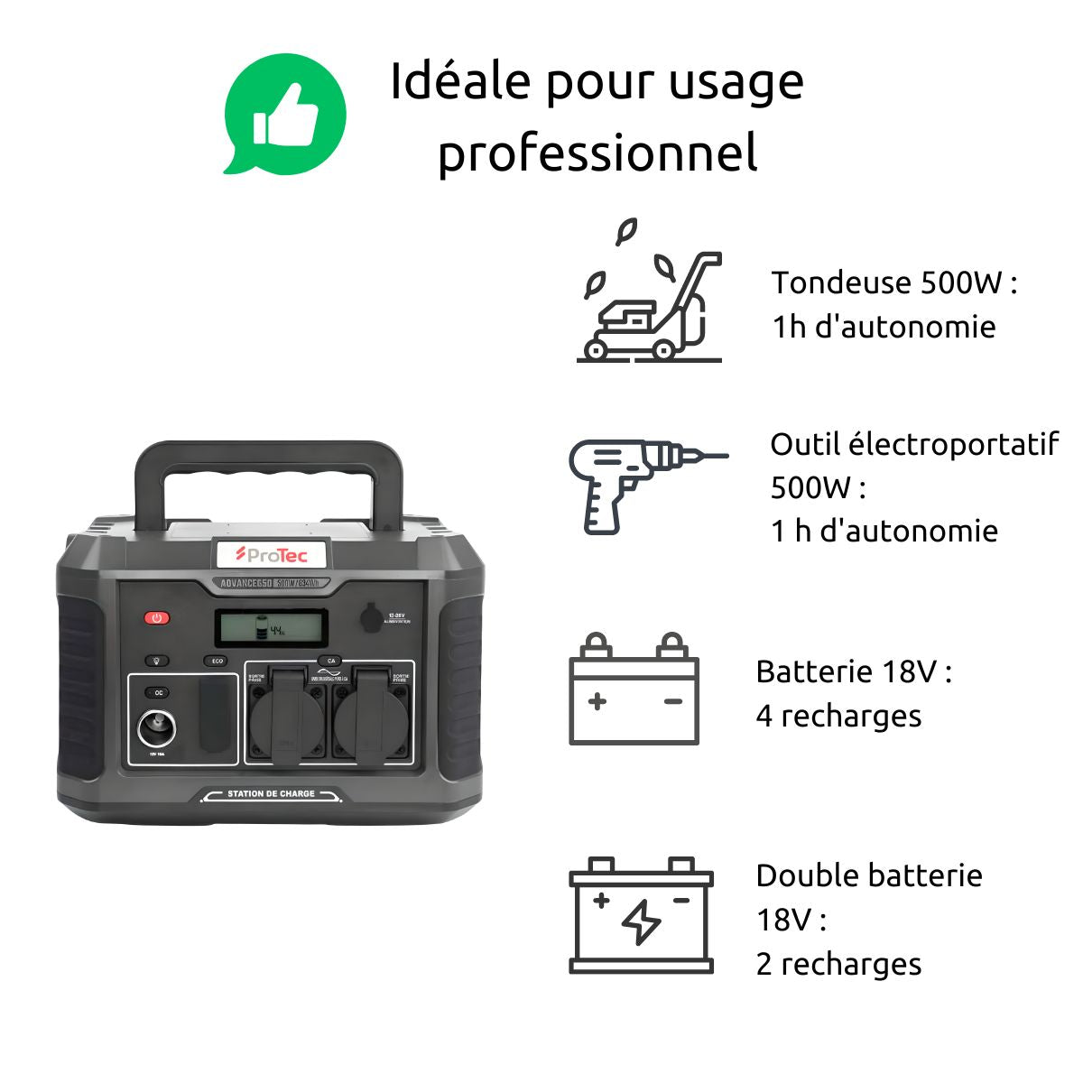 Station d'énergie portable Advance 650 - Générateur électrique - 634Wh/600W - Sortie AC - Noir - Protec