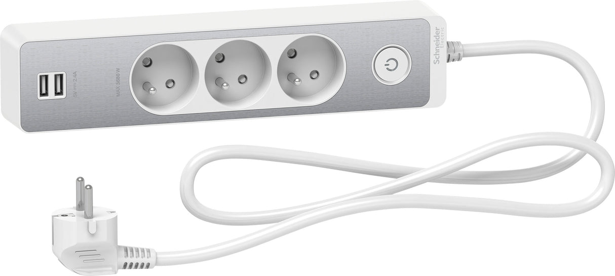 Bloc multiprises 3 Prises 2P+T et 2 USB (câble 1,5m) Blanc  - Schneider