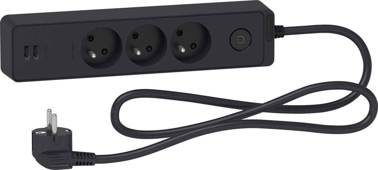 Bloc multiprises 3 Prises 2P+T et 2 USB (câble 1,5m) Anthracite - Schneider