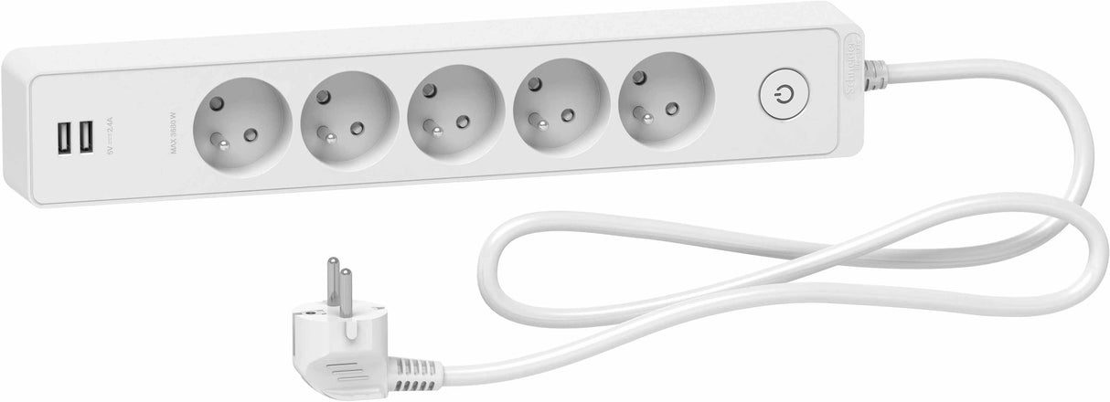 Bloc multiprises 5 Prises 2P+T et 2 USB (câble 1,5m) Blanc - Schneider