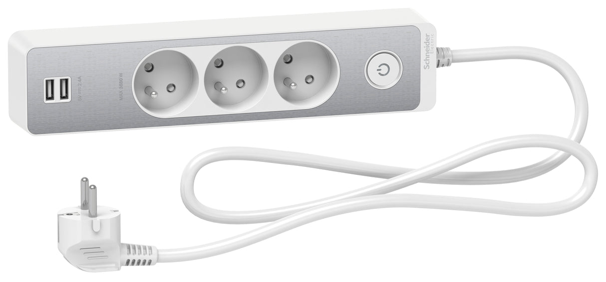 Bloc multiprises 3 Prises 2P+T et 2 USB (câble 1,5m) Blanc et Aluminium  - Schneider