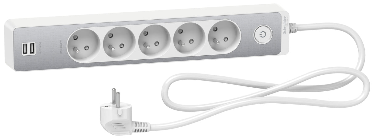 Bloc multiprises 5 Prises 2P+T et 2 USB (câble 1,5m) Blanc et Aluminium - Schneider