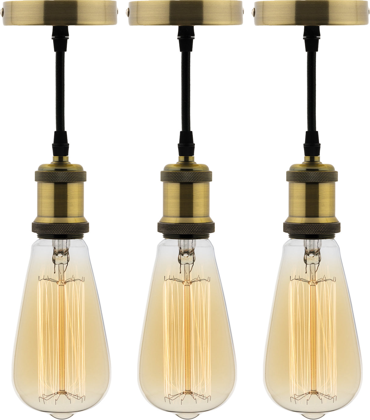 Lot de 3 kits de suspension vintage avec câble textile et ampoules filament carbone Edison