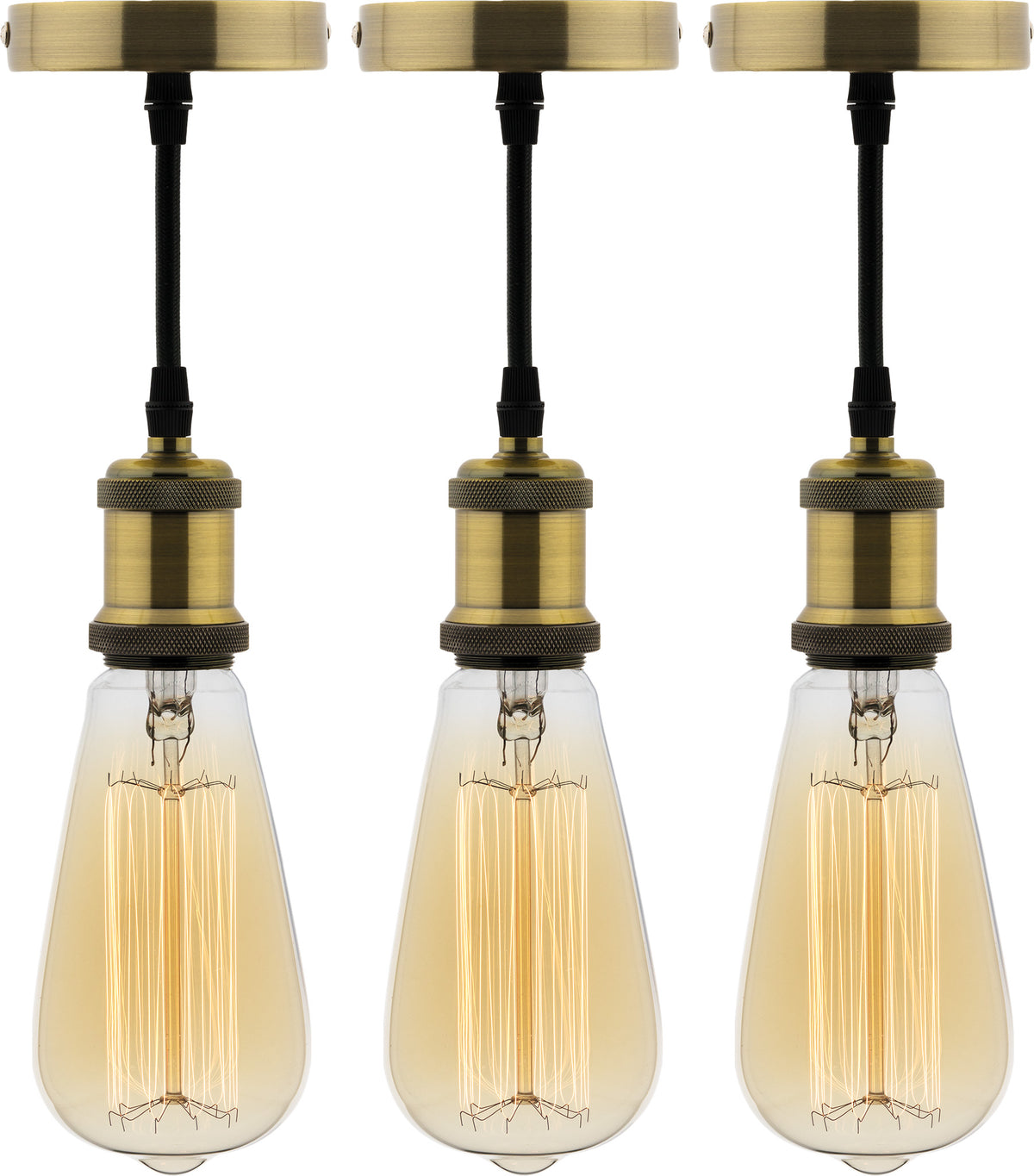 Lot de 3 kits de suspension vintage avec câble textile et ampoules filament carbone Edison - Zenitech