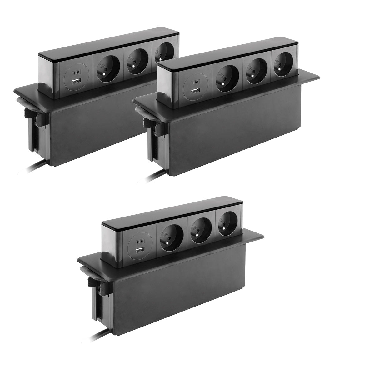 Lot de 3 blocs multiprises encastrables 3x16A 2P+T avec 2 ports USB - Noir - Otio