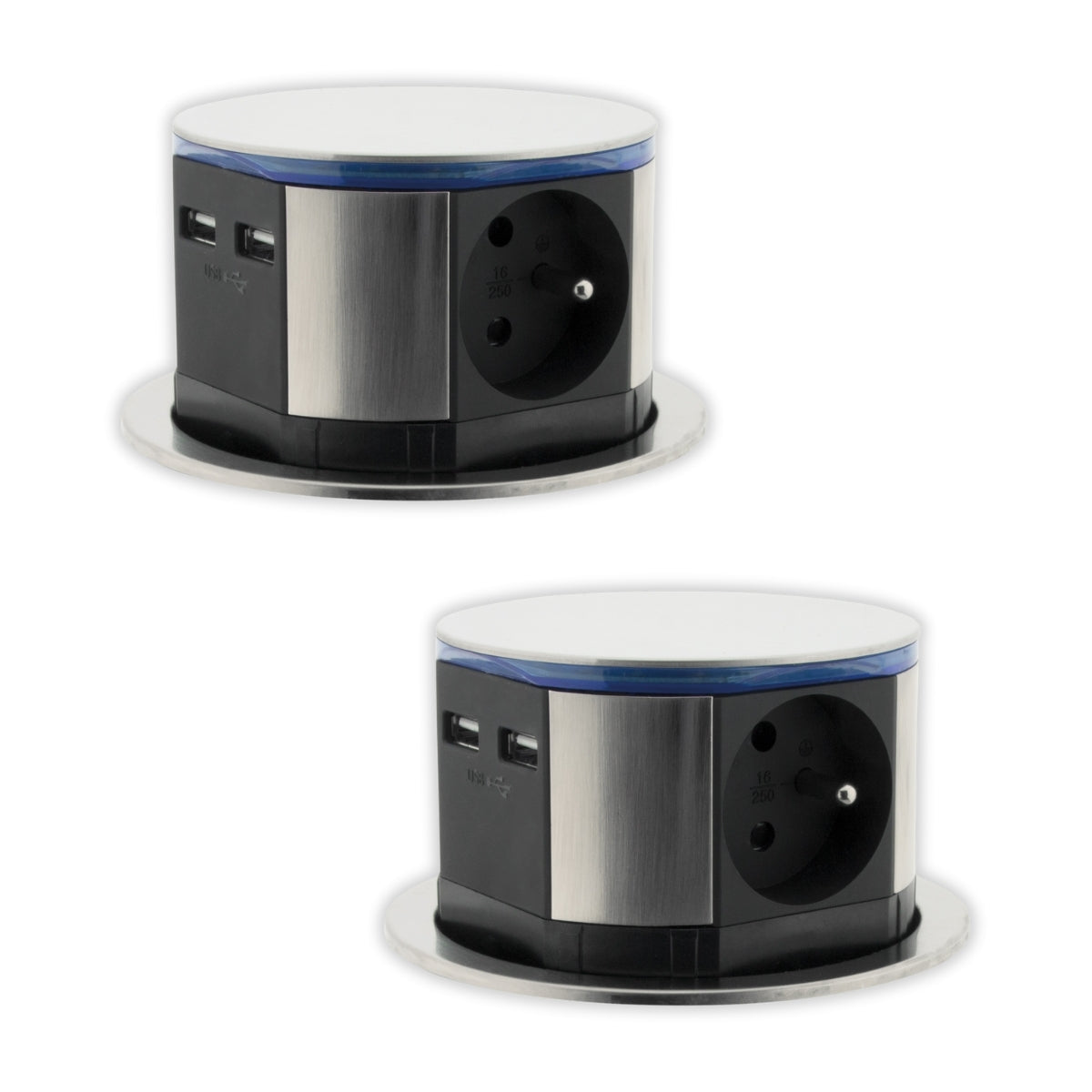 Lot de 2 blocs multiprises encastrables compact LED 3 prises 16A 2P+T & 2xUSB - Inox - Otio