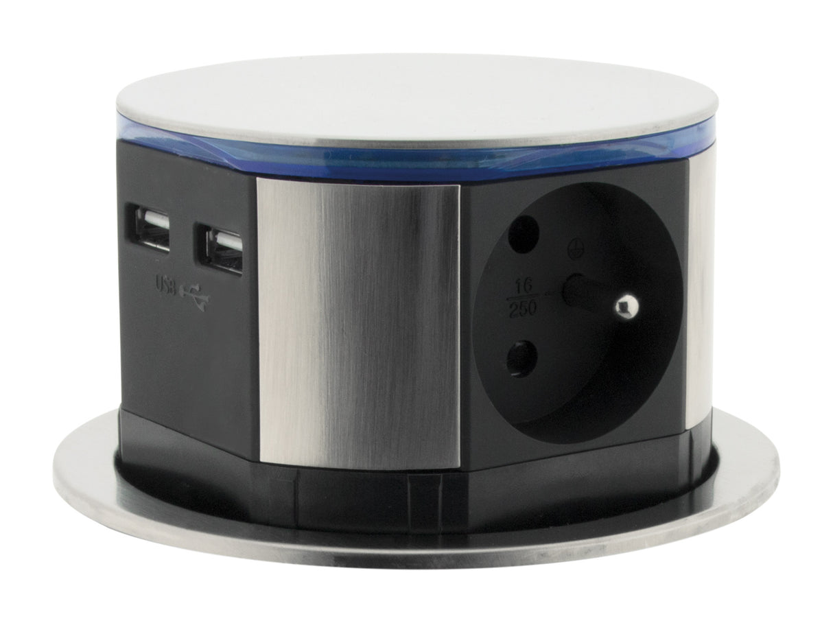 Lot de 2 blocs multiprises encastrables compact LED 3 prises 16A 2P+T & 2xUSB - Inox - Otio