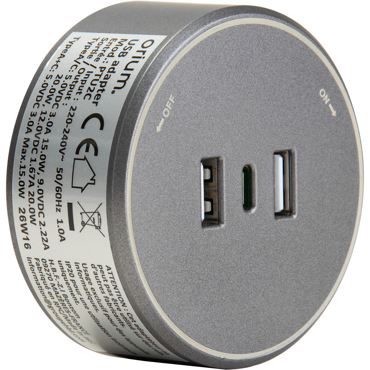 Rail électrique saillie 100cm + 4 prises + 1 module USB - argent - Orium