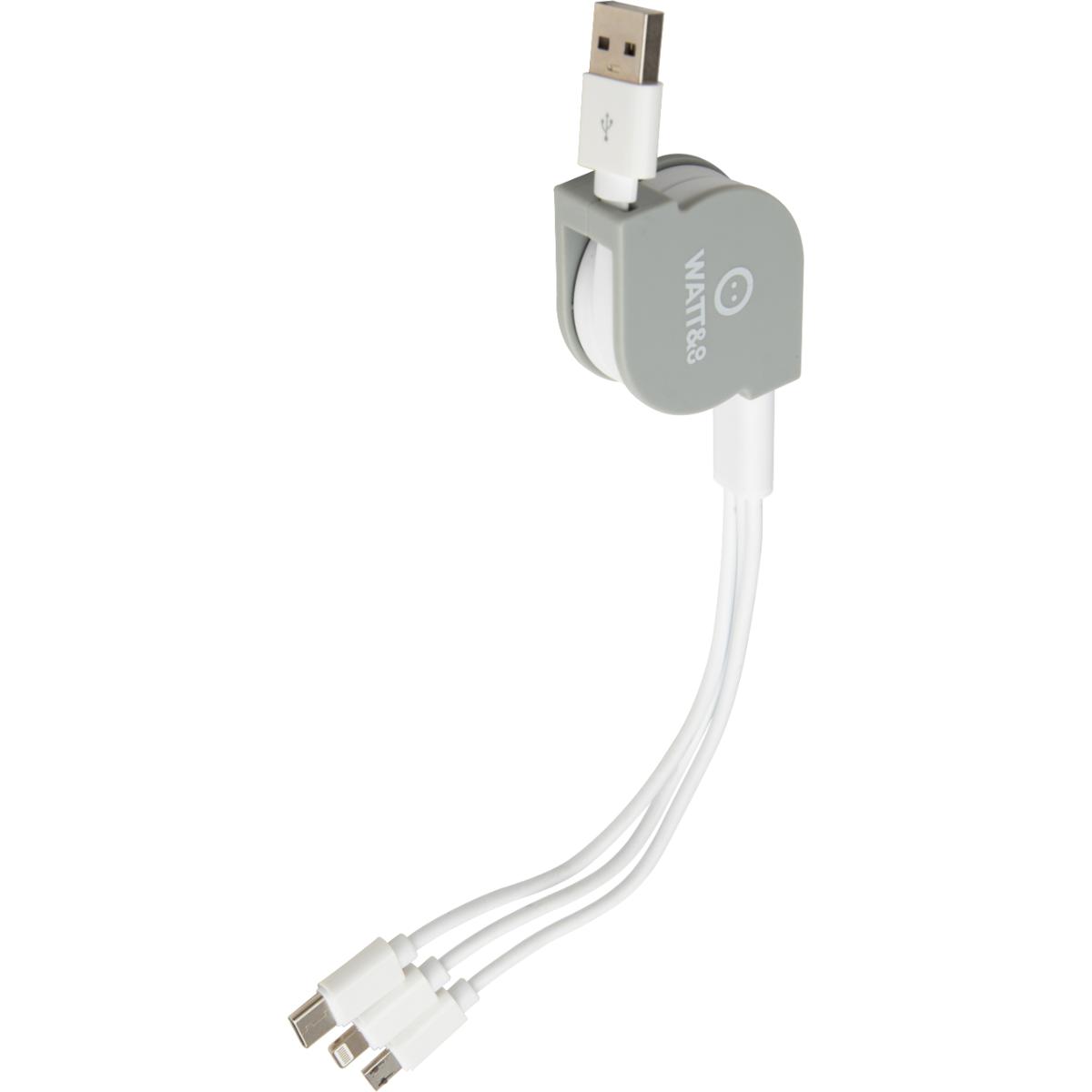 Câble USB rétractable 100cm Lightning, Micro-USB Type-C universel - Watt and Co