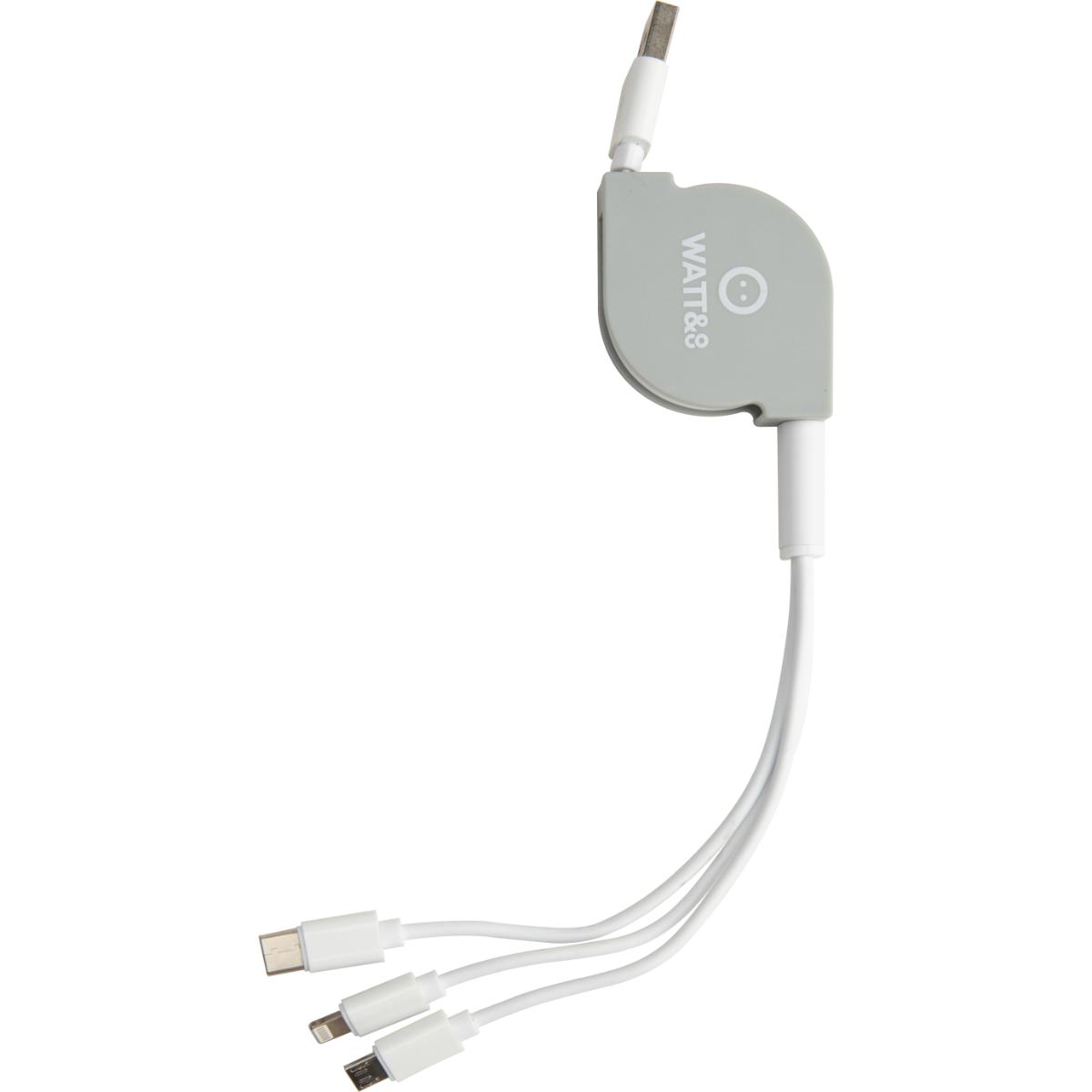 Câble USB rétractable 100cm Lightning, Micro-USB Type-C universel - Watt and Co