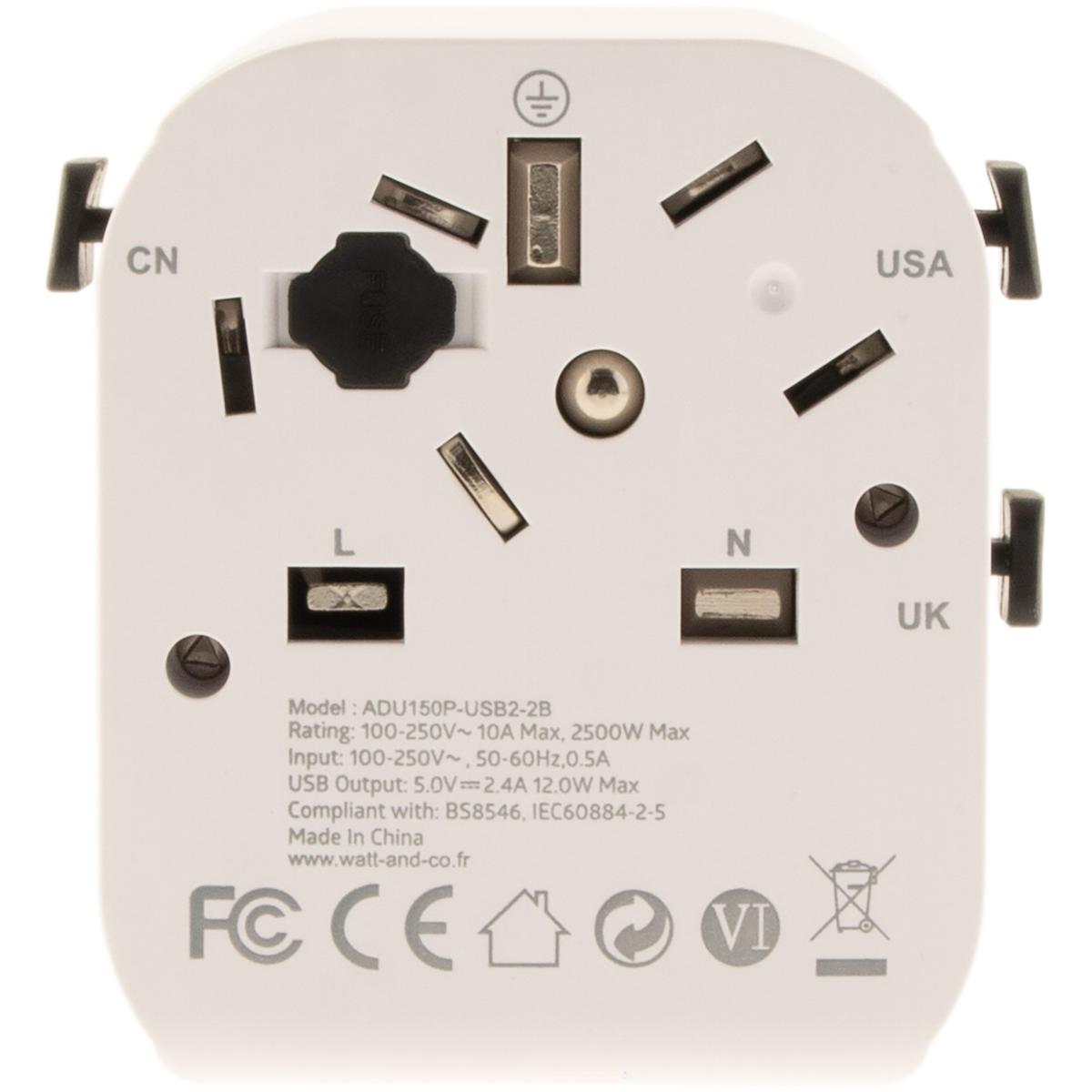 Adaptateur universel de voyage 150 pays 2xUSB + fusibles de protection - Watt and Co