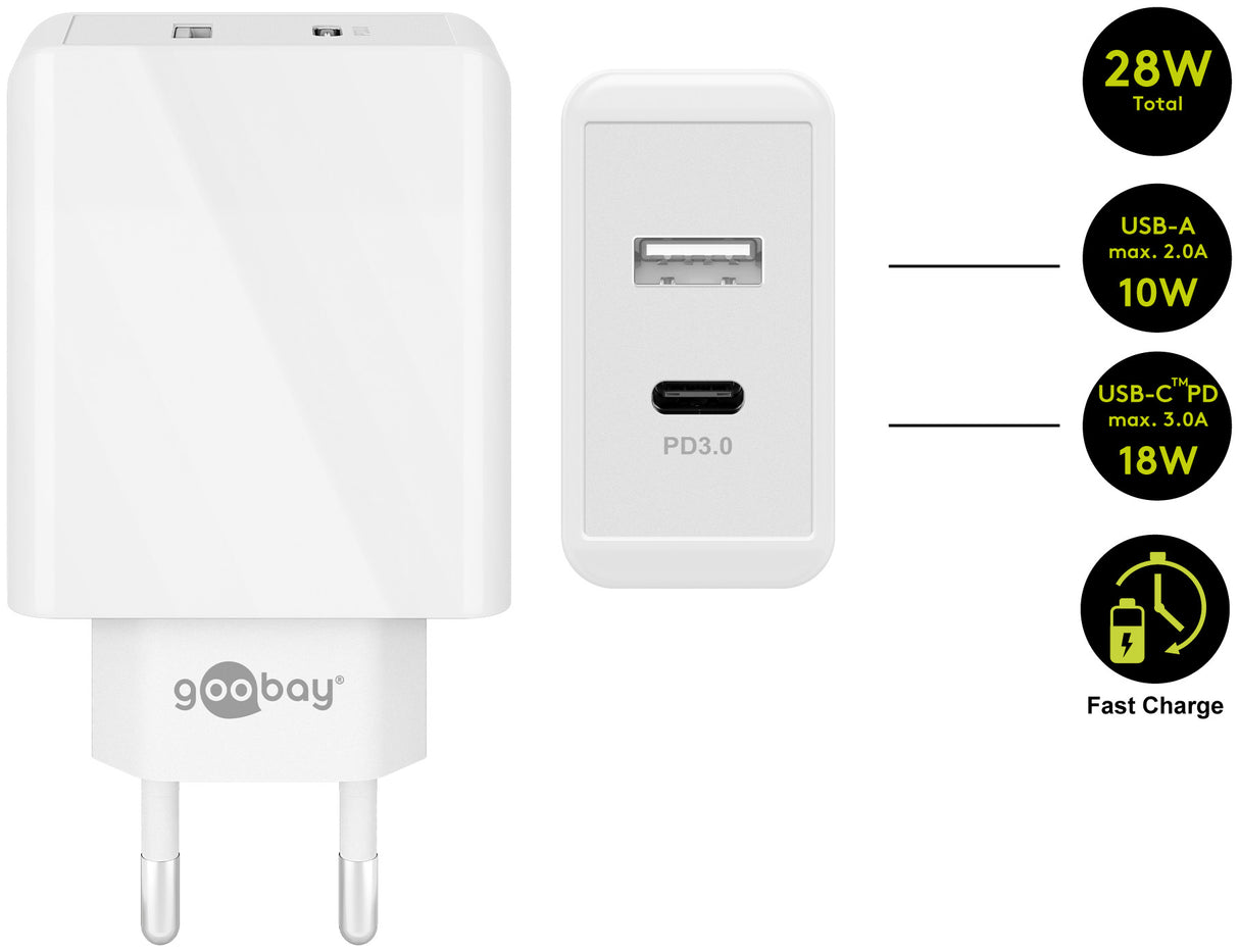 Double chargeur rapide USB QC3.0 28W Blanc