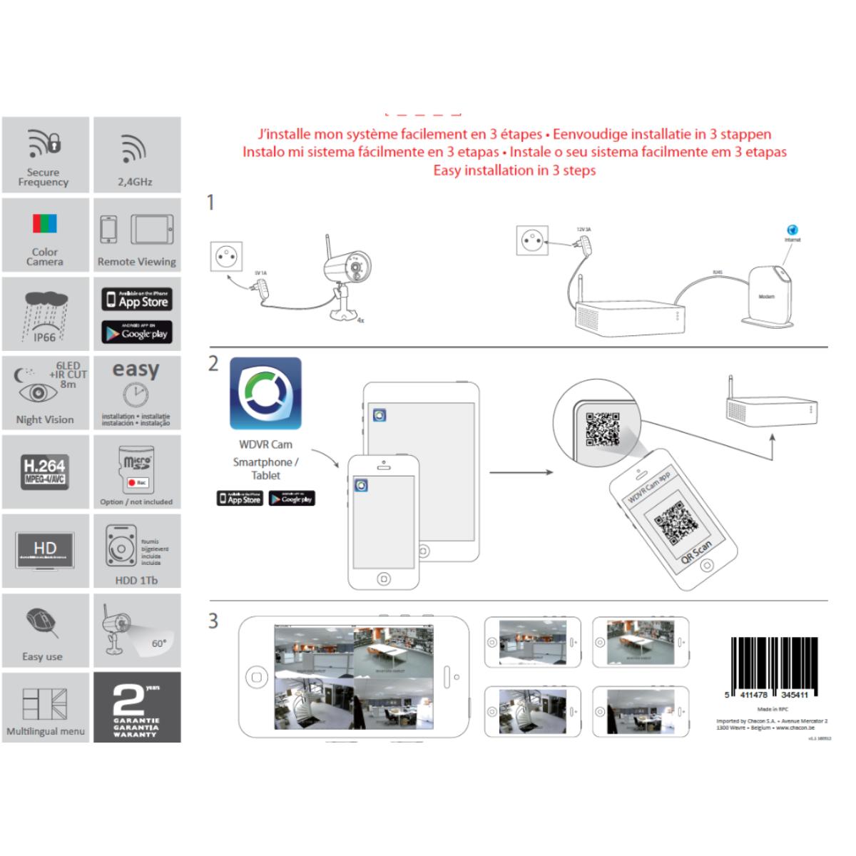 Kit de vidéosurveillance DVR 2 caméras sans fil - IP66 - Chacon