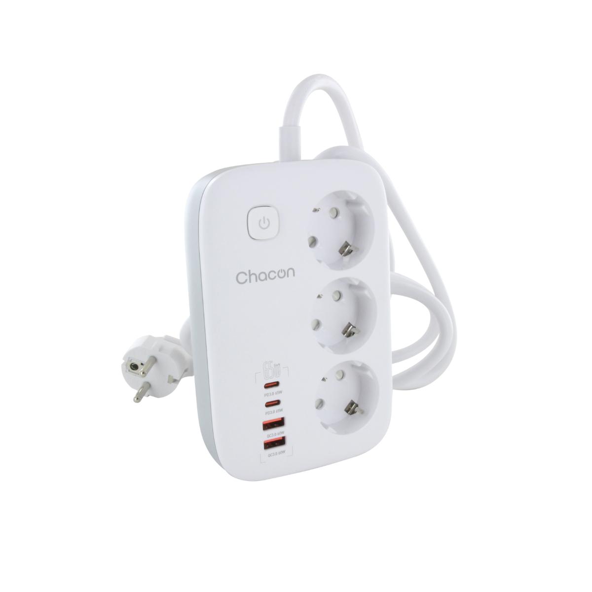 Multiprise compacte 3 prises + 4 ports USB - Quick Charge - Chacon