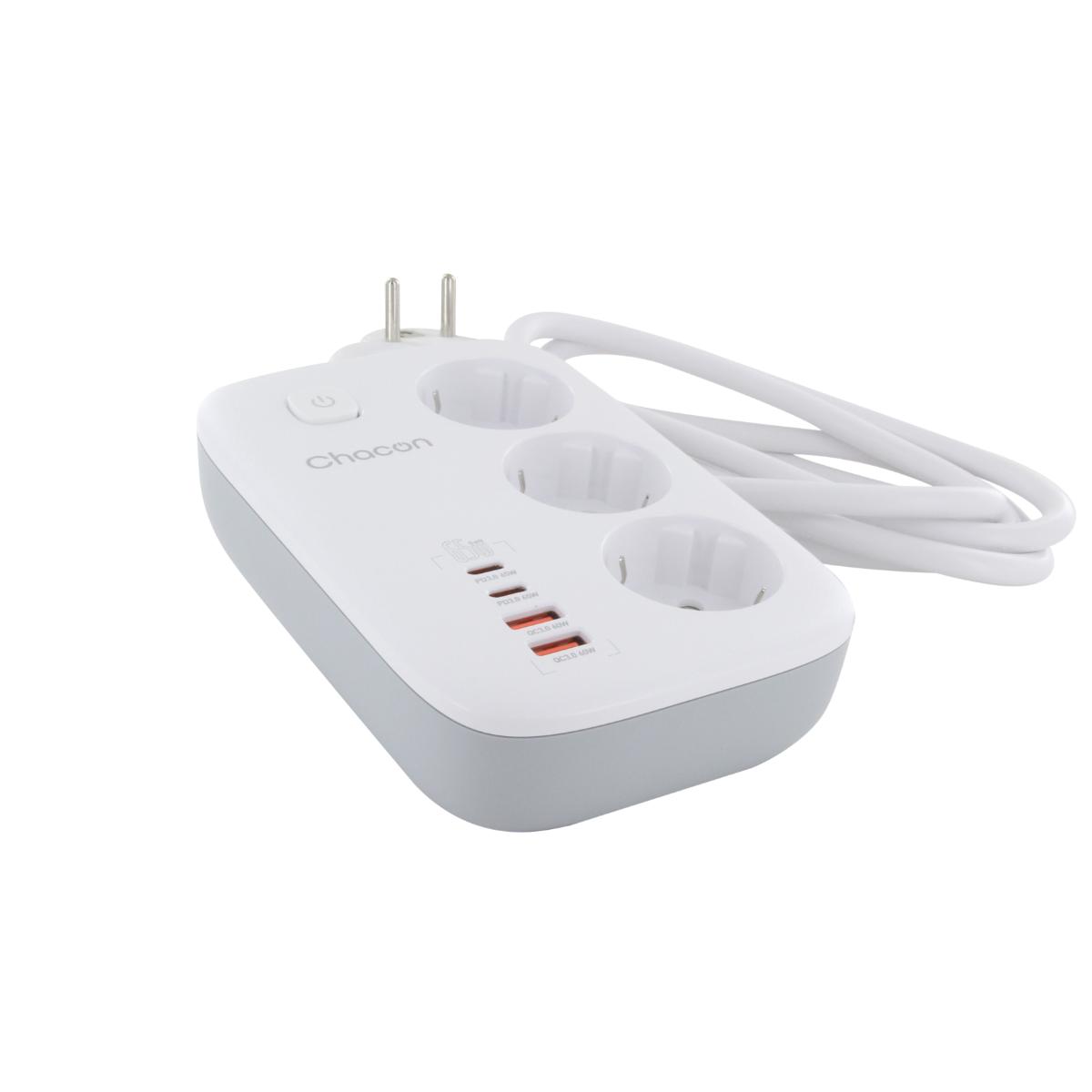 Multiprise compacte 3 prises + 4 ports USB - Quick Charge - Chacon