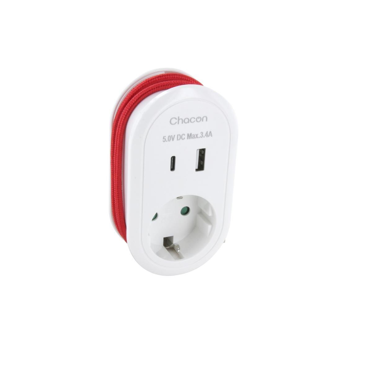 Adaptateur compact Schuko 16A + ports USB-A/C - Chacon