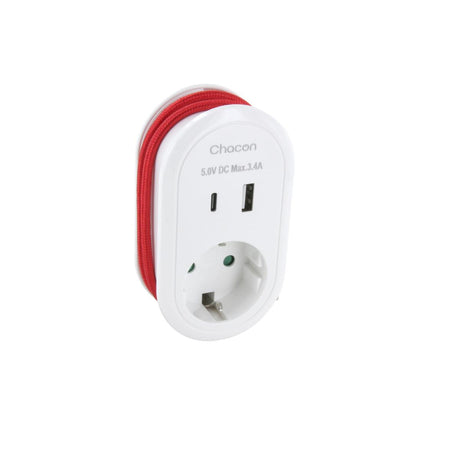 Adaptateur compact Schuko 16A + ports USB-A/C - Chacon