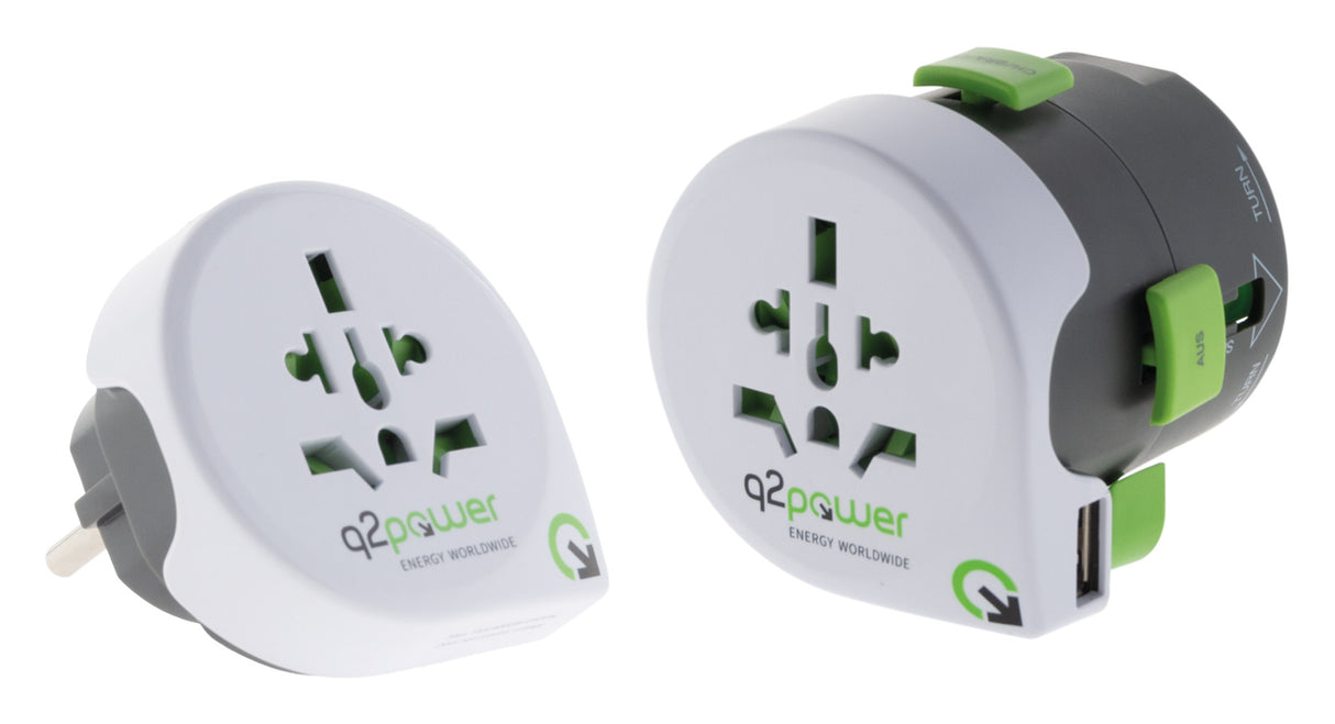 Adaptateur prise voyage universel avec port USB - compatible avec +195 pays USA/Asie/UK - vert - Q2 Power