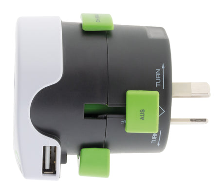 Adaptateur prise voyage universel avec port USB - compatible avec +195 pays USA/Asie/UK - Vert - Q2 Power