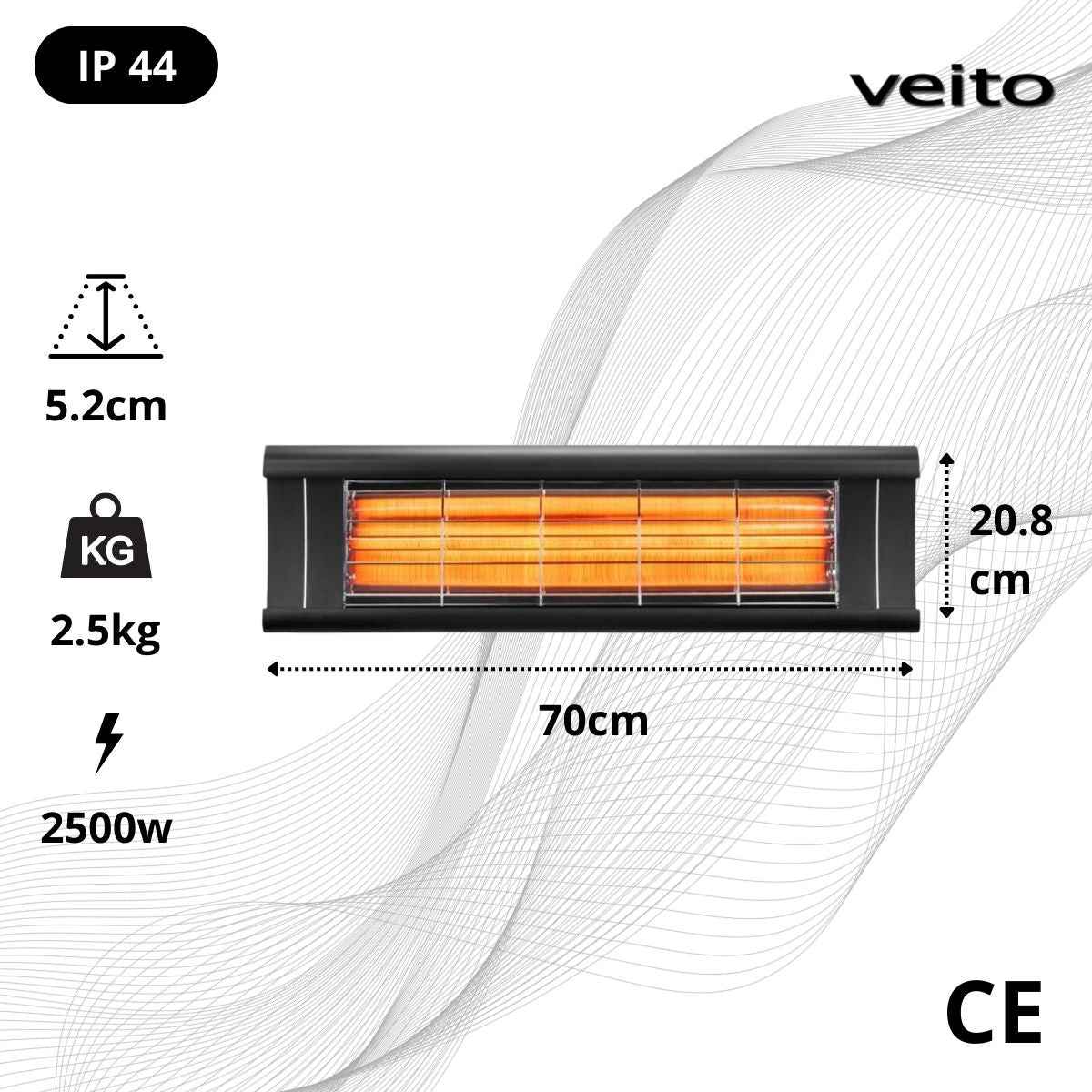 Réglette Murale AERO S SIGMA MUR Chauffage rayonnant Infra-Rouge Noir Ip44 2500W + Télécommande - VEITO