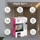 Visiophone Legrand Easy Kit 7" noir avec emballage, cibles utilisateurs et infographie maison connectée